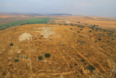 Fig. 3 - Aerial view of the western slopes Tel Burna, where a large building can be seen on surface