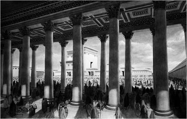 Herod’s Temple Sanctuary, morning view from within the Royal Stoa during Pesach. (c Balogh Belage Art Resources New York.)
