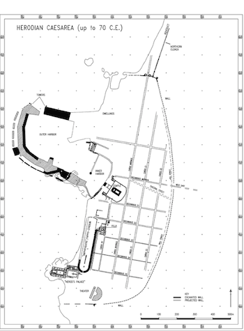 (fig 1) Map of Herodian Caesarea (note new features: the diagonal street, suggested by Jewish Antiquities 15.349, and the peripheral “wall street,” suggested by the Rabbinic sources, Mishnah Oholot 18:9 and Tosefta Ahilot 18:13) (Drawing: A. Iamim).