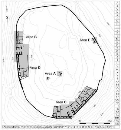 2. Map of the Iron Age city of Khirbet Qeiyafa, at the end of the 2011 excavation season. Note the casemate city wall, two gates, two gate plazas and houses. The openings of the casemates are always on the side farthest from the gate. Adjacent to each gate is a gate plaza. In the south, the gate plaza is situated to the left of the entrance while in the west it is situated to the right of the entrance. There is a cult room in each of the buildings bordering the gate plaza, situated next to the plaza. The biblical expression “gate bamot” may refer to this phenomenon.