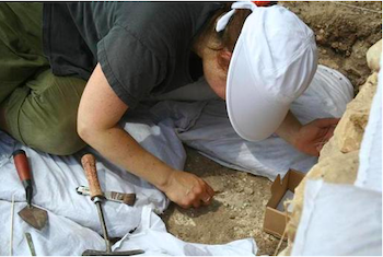 Laura D'Alessandro, Head of the Conservation Lab at the Oriental Institute at the University of Chicago, examining plaster floor in 2008
