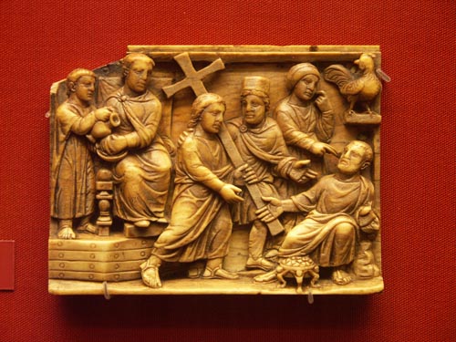 Fig. 1 - Early Christian plaque (one of four) showing Pilate (left side) washing his hands, overlooking Christ Carrying the cross (center), and Peter’s Denial of Christ with the cock crowing (upper right). London, British Museum, ivory, circa 420-30.