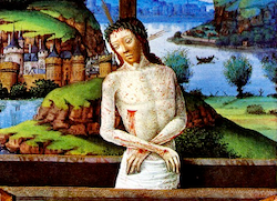 is typical of medieval art -- shows that the man of the Shroud was nailed in the wrists.